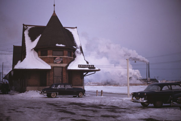 The Chicago & North Western railway station in Escanaba, Michigan on a cold winter morning in 1953.